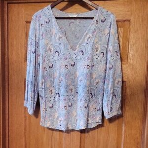 Lucky Brand Floral V-Neck Blouse - Light Blue